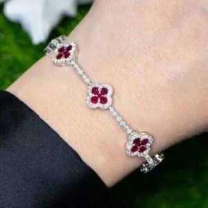9Ct Red Ruby Created Diamond Women Clover Tennis Bracelet 14K White Gold Plated - Picture 1 of 4