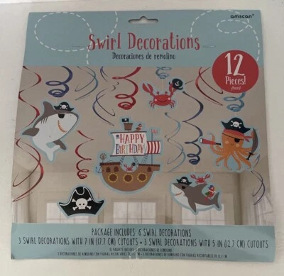 12 pc Swirl hanging party decorations pirate ship sharks crabs hat birthday - Image 1 of 3