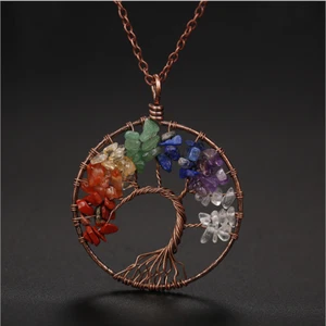Tree of Life Pendant 7 Chakra Genuine Gemstone Healing Energy Necklace Gold - Picture 1 of 6