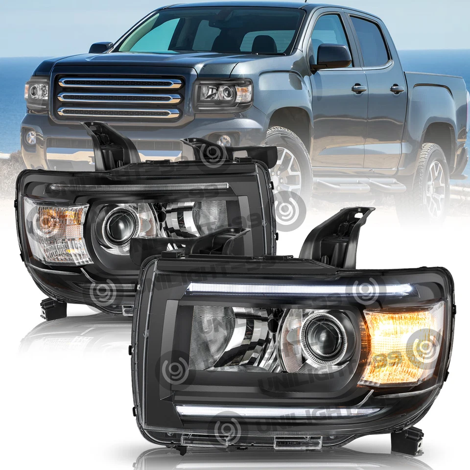 For 2015-2022 GMC Canyon LED DRL Projector Black Headlights Assembly Left+Right - Image 1 of 4