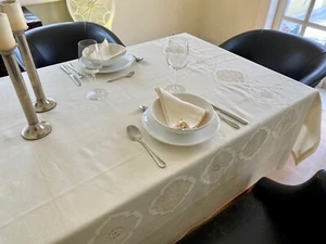 Deluxe Italian Tablecloth Dining Set 100%Linen Embroidered180x270x12people Beige - Picture 1 of 12