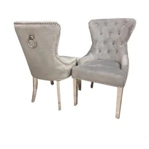 SET of 2 Luxury Megan Dining Chair Ring Knocker Dark Grey Velvet Chrome Leg - Picture 1 of 3