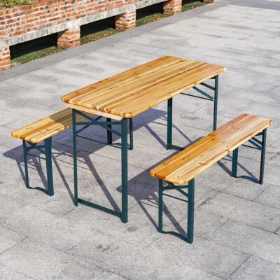  Folding Pine Wooden Beer Table and Bench Set Outdoor Bistro Bench Desk Chairs - Image 1 of 4