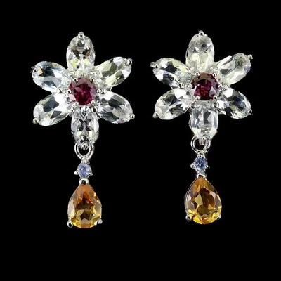 Orecchini in argento sterling 925 pera citrino acquamarina tanzanite gemma... - Immagine 1 di 4