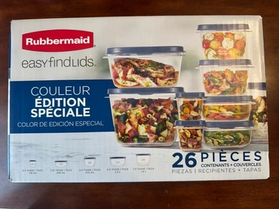 Juego de 26 contenedores de almacenamiento de alimentos Rubbermaid azul especial NUEVO tapas fáciles de encontrar Foto 1 de 4