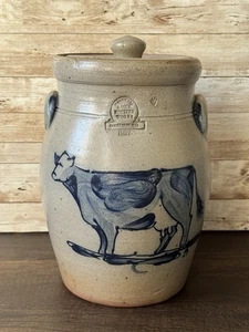 Rowe Pottery Works Deckeldose Kuh Salzglasur Steinzeug 10,75" Gallone 1987 - Bild 1 von 13
