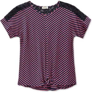 Monteau's Max & Riley Girls' Lace-Detail Striped Top in Coral/Navy Small(7/8) - Picture 1 of 1