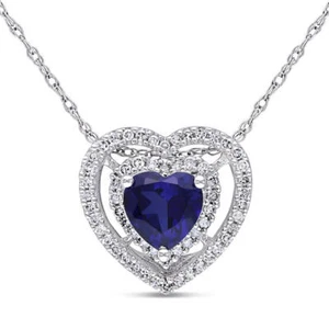 AMOUR Double Halo Heart Shaped Created Blue Sapphire and 1/5 CT TW Diamond - Picture 1 of 5