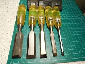 Vintage Stanley Handyman Bevel Edge Yellow Handle Wood Chisel Set 5pcs USA - Picture 1 of 12