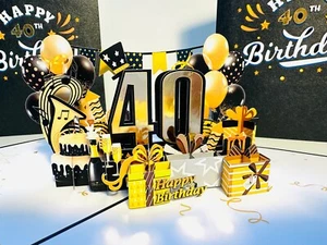 ORIGAMI POP CARDS 40th Golden Happy Birthday & Presents Handmade 3D Pop Up Card - Picture 1 of 12