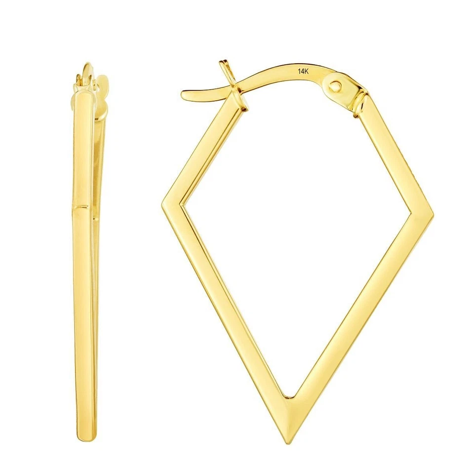Geometric Open Diamond Shaped Hoop Earrings  Real 14K Yellow Gold - Изображение 1 из 1