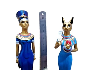 2x blaue 12" Statuen - Ägyptische Königin Nofretete & Göttin Bastet Katze Isis - Bild 1 von 24