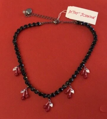 Betsey Johnson Hematite Tone Black Crystal Tennis Necklace Cherry Charms NWT - Image 1 of 4