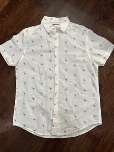 Denim & Flower Ricky Singh Pink Flamingo Button White Shirt M All Over - Picture 1 of 6
