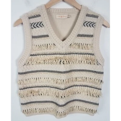 Tory Burch para mujer talla Chaleco suéter de lana con flecos jacquard crema M Foto 1 de 4