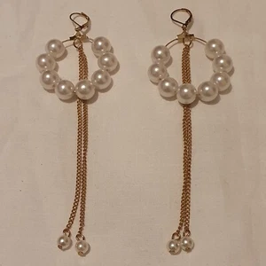 Statement Faux Pearl Hoop Earrings Long Gold Chain Big Large Oversized Bold UK - Picture 1 of 6