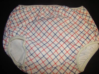 Vintage Plastic Lined Fabric Diaper Cover Red Blue Squares Small NOS - Image 1 of 3