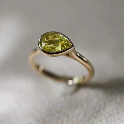 14K Solid Gold 2ct Sapphire Ring, Pear Engagement, Yellow stone, Lab Created st - Image 1 of 4