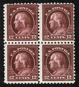 US Sc 435 Claret Brown 12¢ SLWm p.10 Barely Hinged/NH Original Gum Block of Four - Picture 1 of 1