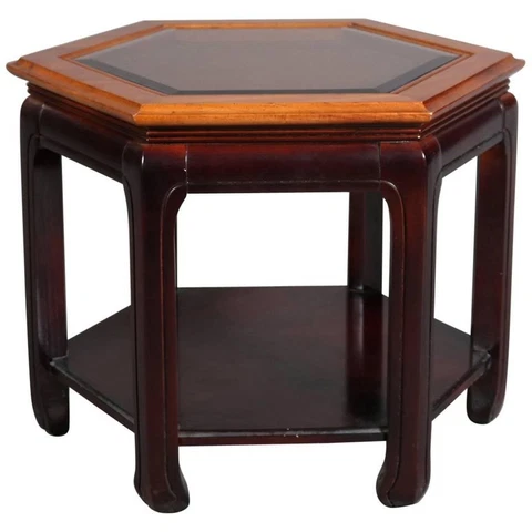 Chinese Style Hexagonal Mahogany, Walnut and Cane Top End Stand, circa 1920 Cover