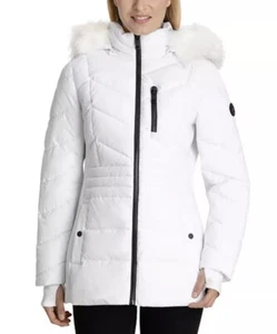 Michael Kors Women's L Plus Size Faux-Fur-Trim Hooded Puffer Coat White - Picture 1 of 11