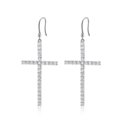 D Color VVS1 Moissanite Cross Drop Earrings Women Gift 18k White Gold Plated GRA - Image 1 of 4