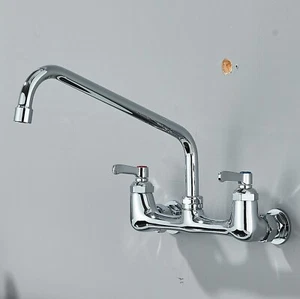 12 in Chrome Kitchen Sink Faucet Wall Mounted Swivel Spout 2 Handle Mixer Tap - Picture 1 of 8
