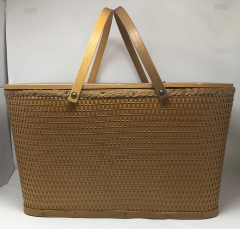 Vintage Red-Man Quality Picnic Basket Wooden Handles Woven Red Man Cover