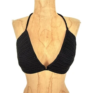 SKIMS Triangle Crochet Swim Bikini Top 4X Black Halter Tie Stretch NWT B51 - Picture 1 of 5