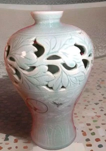 Vaso vintage coreano Celadon verde crepitante uccellini volanti gru nuvole 11" - Foto 1 di 10
