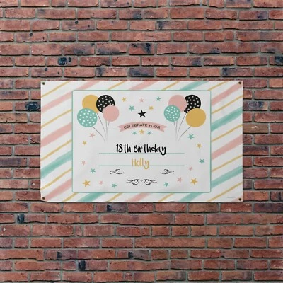 Banner personalizado de 5x3 pies con rayas y globos para fiesta de feliz cumpleaños Foto 1 de 3