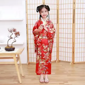 New Japanese Childrens Girls Red with Flower Prints Long Kimono Outfit gjk2 - Picture 1 of 3