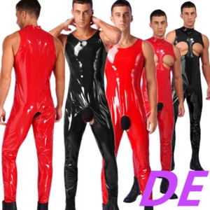 DE Herren Dessous Wetlook Leder Body Slim Fit Stretch Overall Jumpsuit Einteiler - Picture 1 of 59
