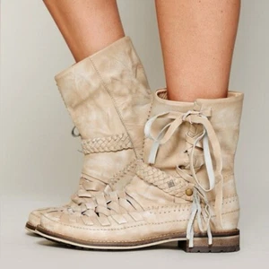 Free People FEUD Britannia Boots Leather Fringe Woven Tan - Picture 1 of 7