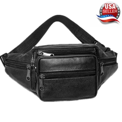 Genuine Leather Fanny Pack Multi Zippered Waist Bag Hip Belt Purse Black Pouch - Image 1 of 4