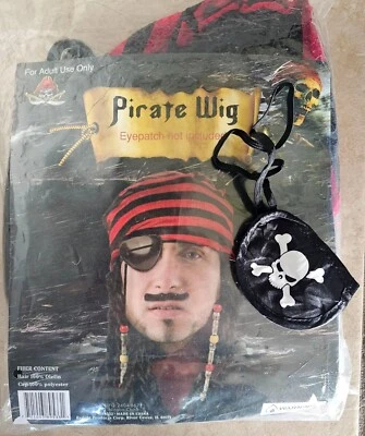 Pirate Wig Beads Red Bandana Skull Eyepatch Costume Halloween Adult Kids Men NEW - Image 1 of 2