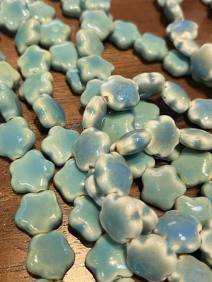 Turquoise  Blue Color Ceramic Vintage Beads  7 In Strand Flower Beads - Image 1 of 3
