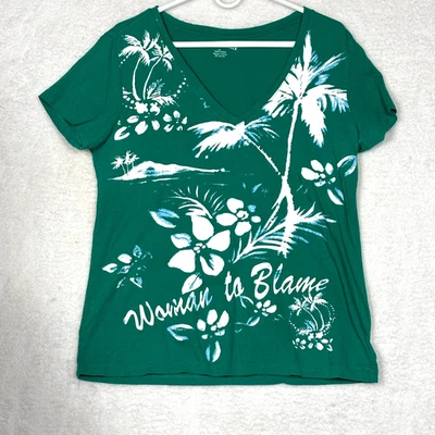 Margaritaville Woman to Blame T-Shirt XL Green Tropical Palm Trees Floral V-Neck - Image 1 of 4