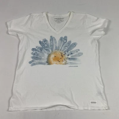 Life Is Good Shirt Womens Large White Daisy Flower V Neck Crusher Tee - Image 1 of 4