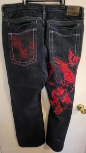 Pantalones de mezclilla Artful Dodger bordados pierna ancha rojos desgastados patinador Y2K de colección 42 x 34 - Imagen 1 de 10