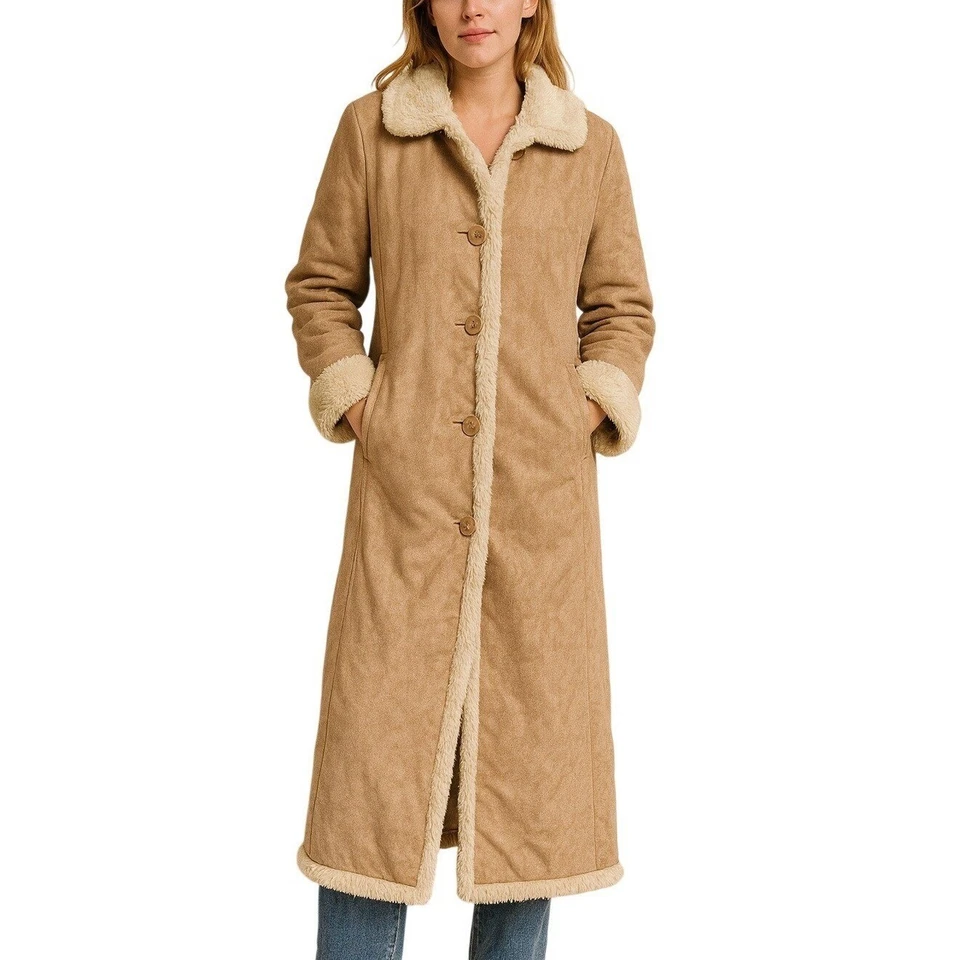 Maxi Abrigo Big Chill Para Mujer Tostado Imitación Gamuza Forrado Sherpa Talla S Penny Lane Boho 70 Foto 1 de 4