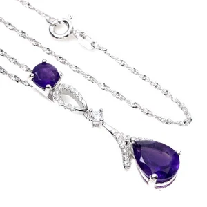 925 Sterling Silver Necklace Pear Amethyst 10x7mm Natural Gemstone Jewelry 18 in - Picture 1 of 13