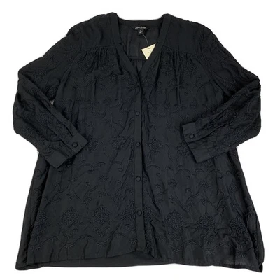 Lucky Brand Button Front Shirt Womens S Black Embroidered 3/4 Sleeve Boho NWT - Image 1 of 4