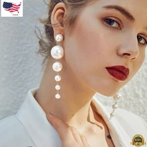 Pearl Zircon Long Tassel Crystal Earrings Stud Drop Dangle Wedding Women Jewelry - Picture 1 of 1