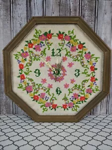vtg cross stitch embroidery clock octagonal wood frame, Flowers, Vines - Picture 1 of 11