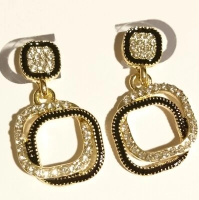 Extravagante Strass Ohrstecker schwarz goldf Stecker Ohrringe 3cm lang Viereck - Bild 1 von 3
