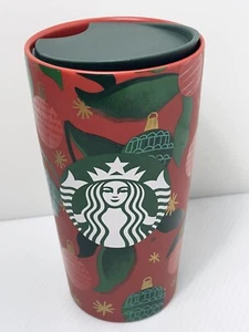 Starbucks Ceramic Travel Mug With Lid Christmas Themed Red Green 2019 12 Oz - Picture 1 of 8