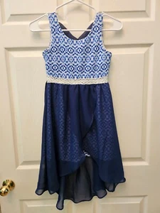 Emily West Girl's Size 8 Chiffon High Low Fashion Dress Blue & White EUC Lined - Picture 1 of 10