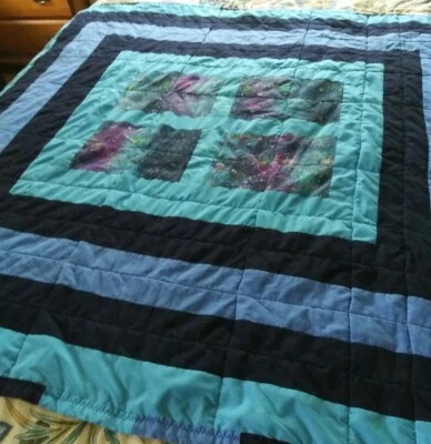 Blues & BATIK Print 2009 Homemade Light Patchwork Lap Quilt Top 53" x 58" - Image 1 of 4