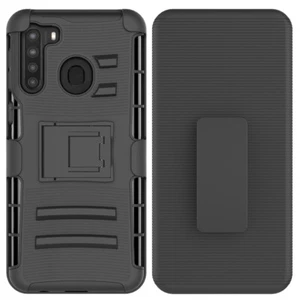 For Samsung Galaxy A21 Hybrid Shell Rugged Rubber Stand Cover BLACK Holster Case - Picture 1 of 12